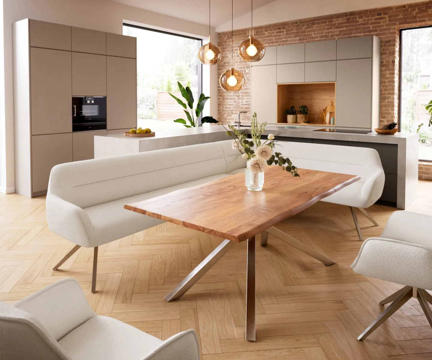 Esszimmerbank Taya-Flex 285x190 cm Bouclé Creme-Weiß Kreuzgestell kantig Edelstahl Taschenfederkern Rechts