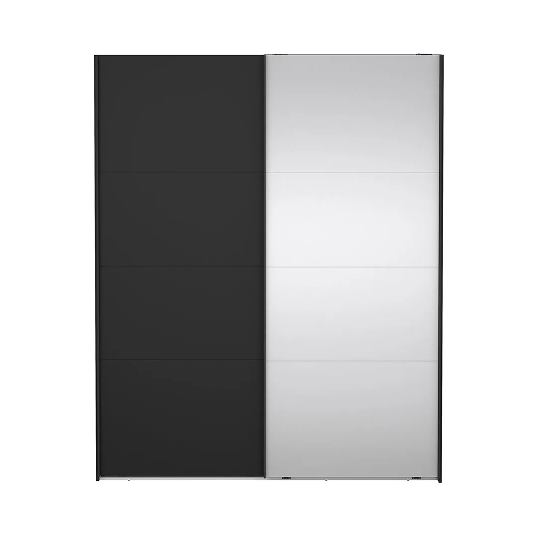 Catania Kleiderschrank 221x179x65cm, 1 Schiebetür, 1 Schiebetür mit Spiegel matt schwarz.