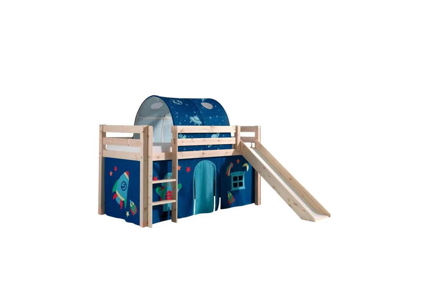 Halvhöjdssäng med gardin Pino Astro Naturlig, Naturlig, Med rutschkana, Med tunnel, Inga fickor - Naturlig, Naturlig, Med rutschkana, Med tunnel, Inga fickor
