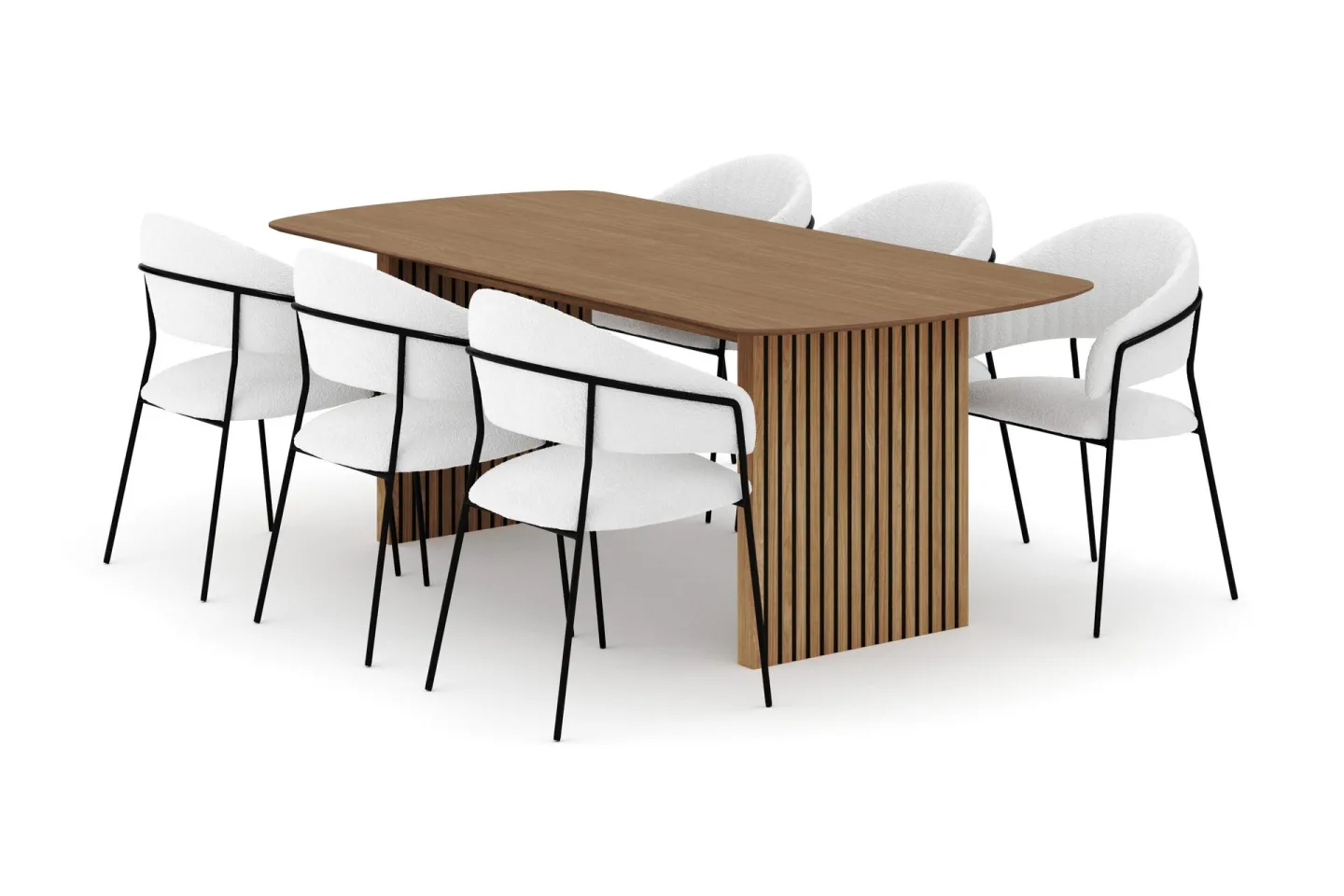 Richeto Matbord 210 cm med 6 Karol Matstolar - Naturlig finish / Vit Bouclé