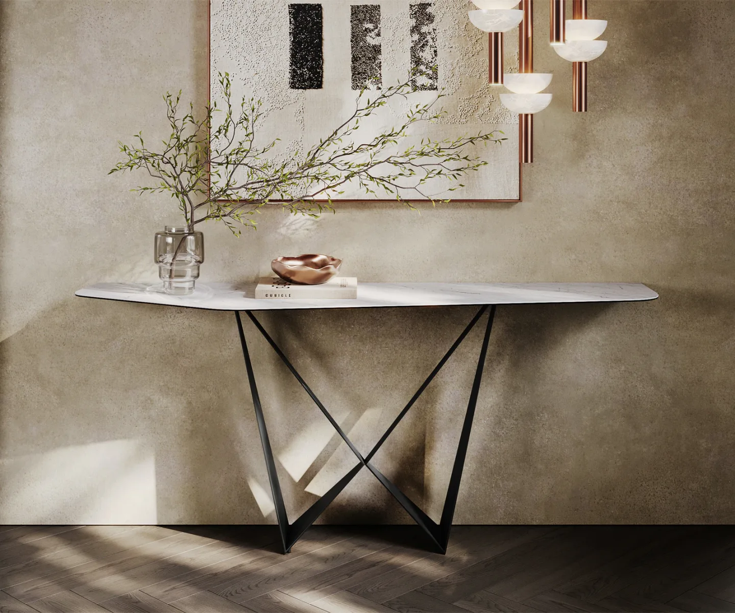 Konsolentisch Edge Polygonal 180x50 cm Keramik Laminam® Statuarietto Weiß Spios Metall Schwarz