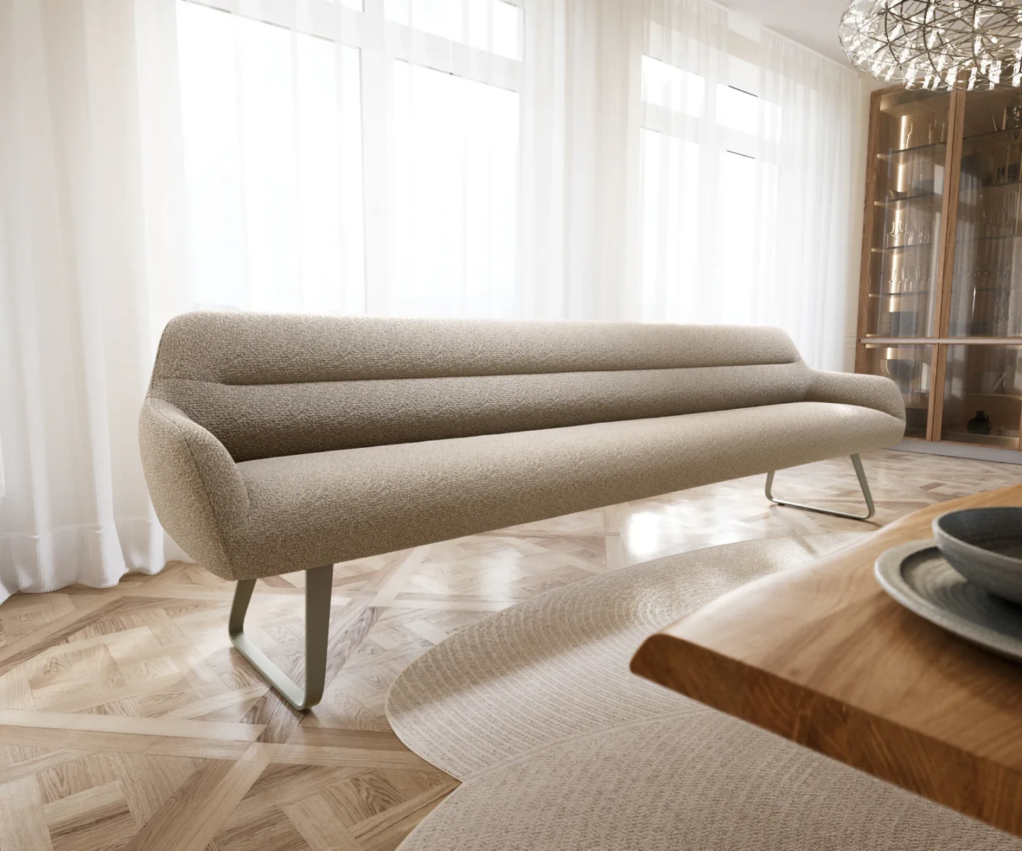 Esszimmerbank Taya-Flex 300 cm Bouclé Schlamm Kufengestell flach Effektfinish Titan Taschenfederkern
