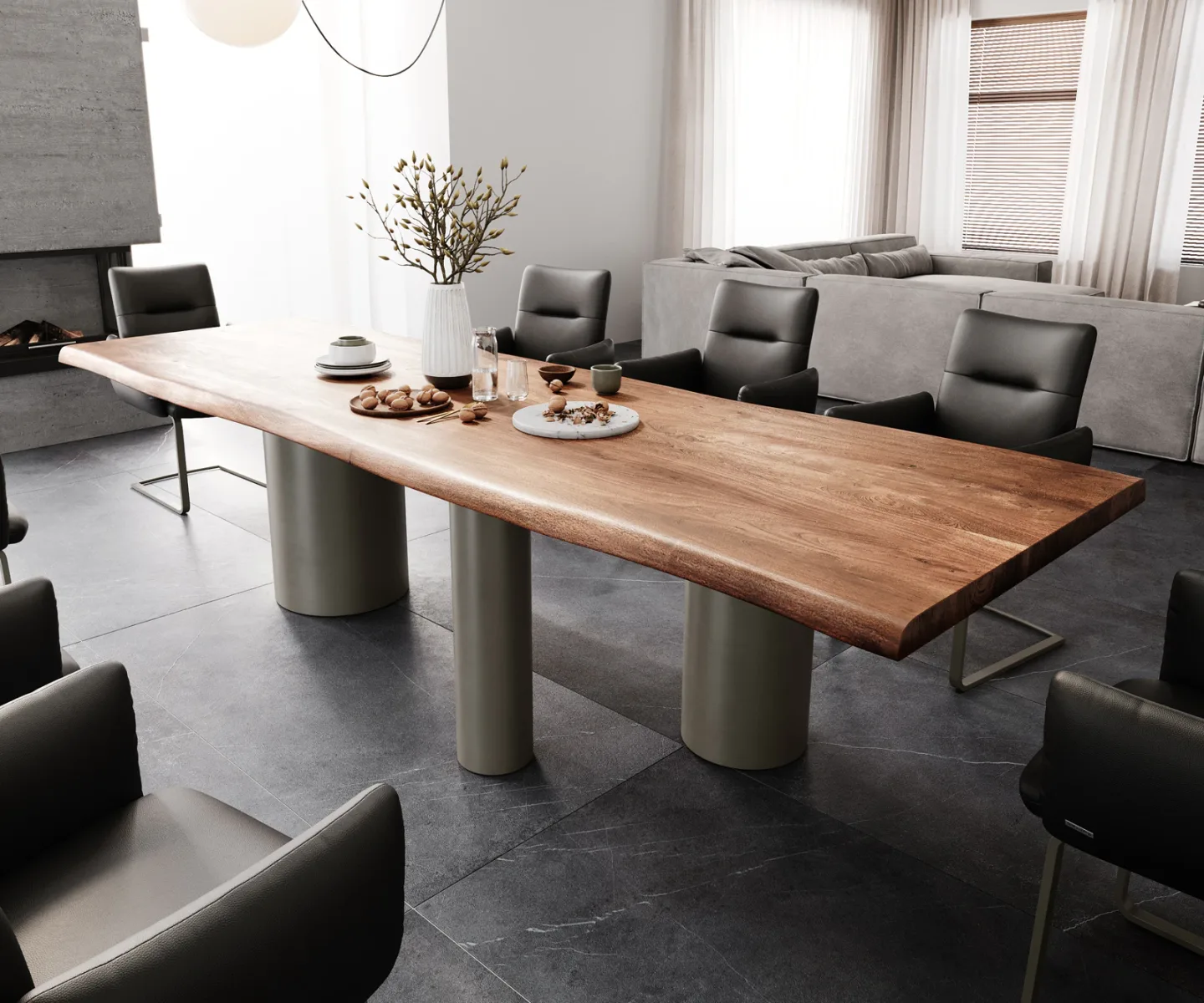 Esstisch Edge 300x100 XL Akazie Braun Troa Metall Effektfinish Titan Live-Edge