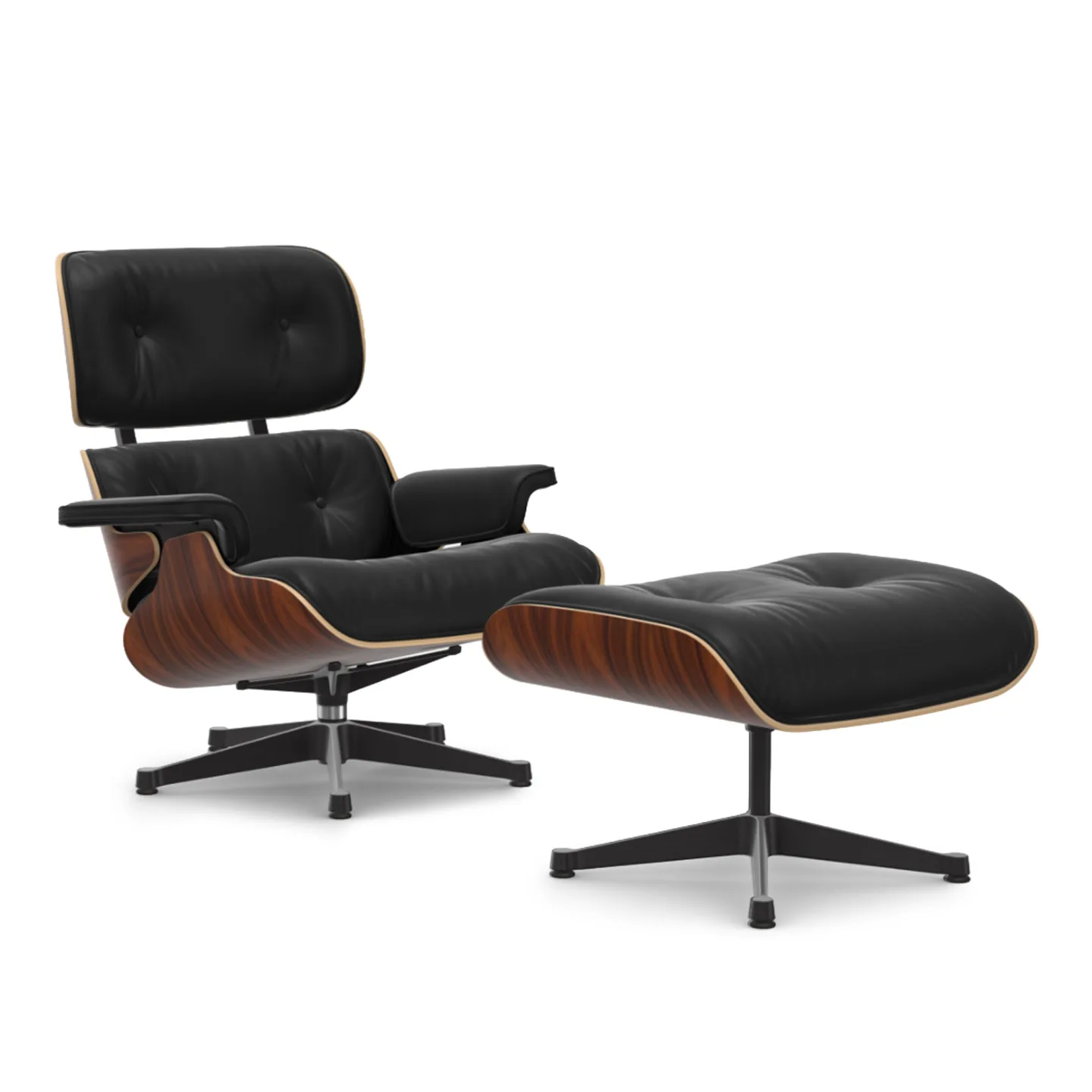 Vitra - Eames Lounge Set Santos Palisander Leather Premium Nero 66 Polished Aluminium/Deep Black - Fåtöljer - Charles & Ray Eames - Svart