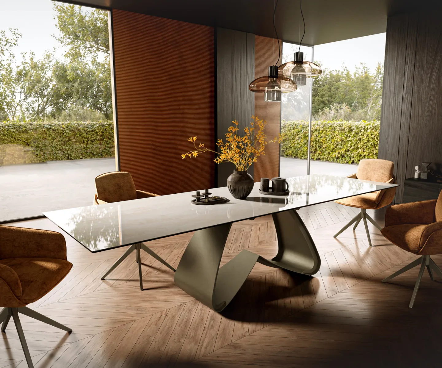 Esstisch Edge 300x100 cm Keramik Onyx Champagne W-Gestell Metall Effektfinish Titan