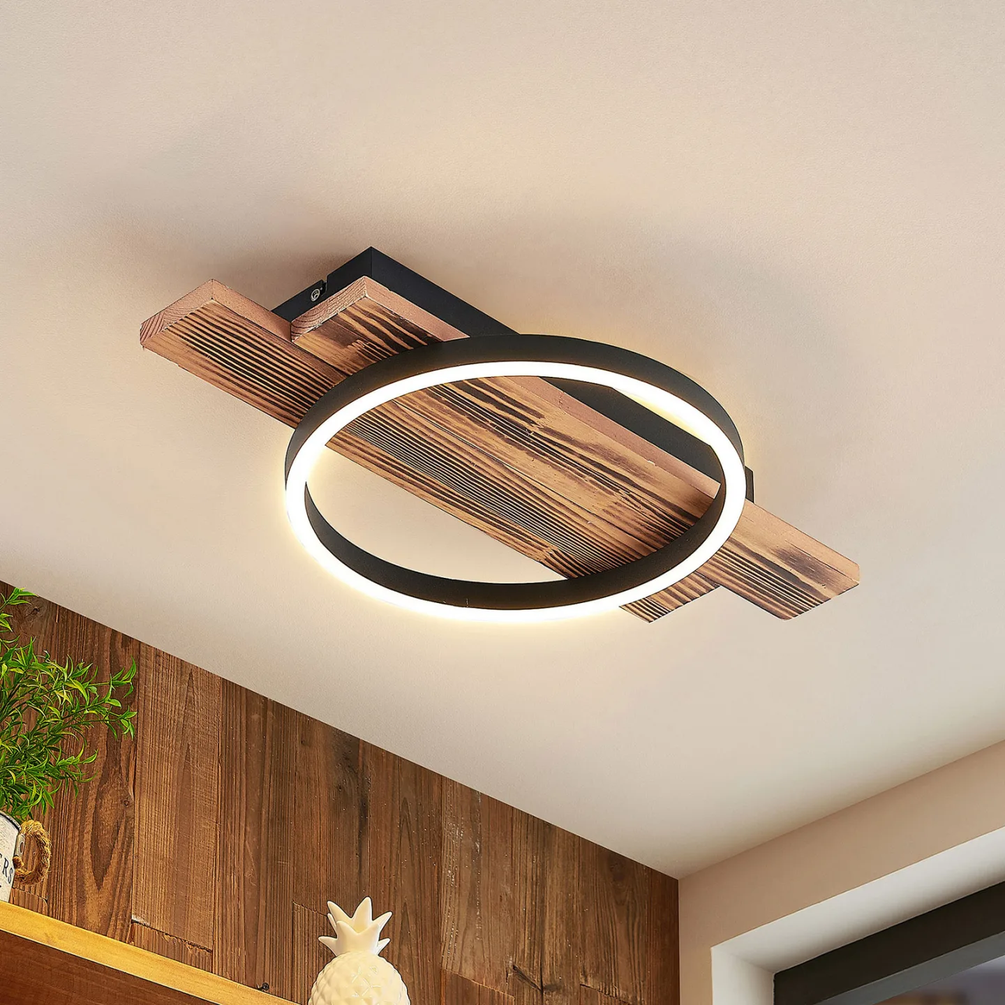 Lindby LED-Deckenleuchte Sentoa, Holz, 52,8 cm lang, 3.000 K Sentoa - Wohnzimmer - Modern - Rund