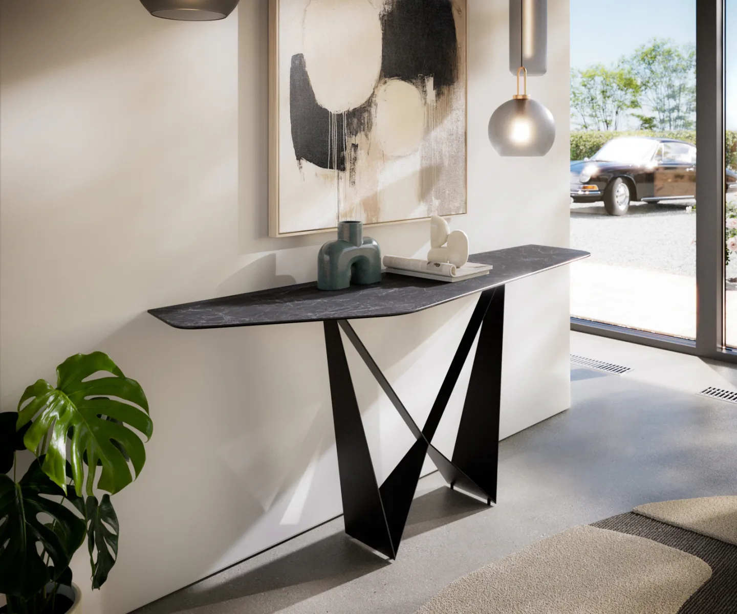 Konsolentisch Edge Polygonal 180x50 cm Keramik Laminam® Nero Greco Anthrazit Spios Metall Schwarz