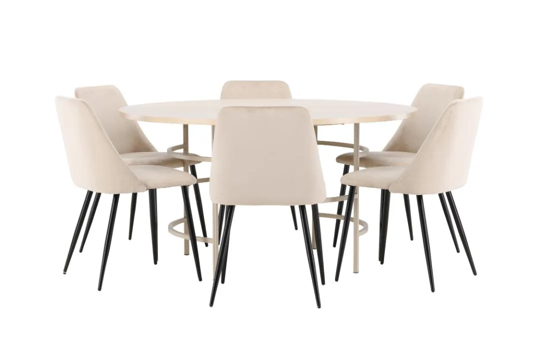 Copenhagen Essgruppe Tisch Ø140cm und 6 Stühle whitewash, beige.
