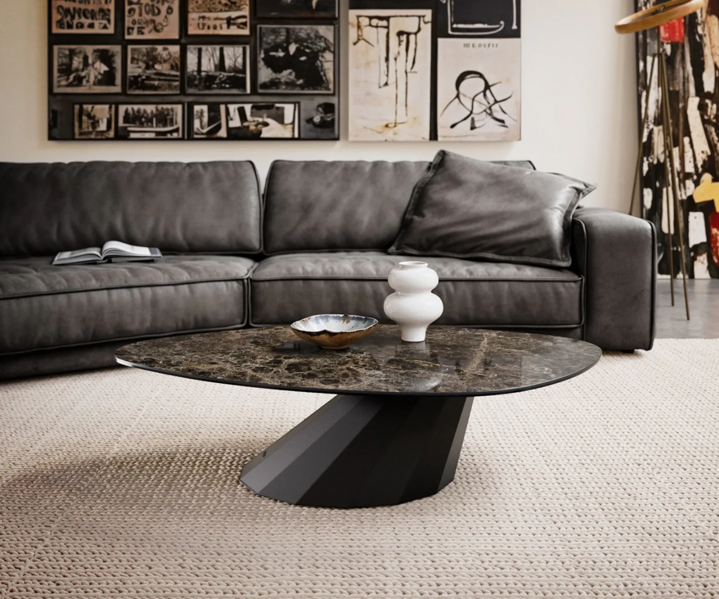 Couchtisch Edge Organisch 140x76 cm Keramik Emperador Extra Lucidato Dunkelbraun Parabi Metall Schwarz