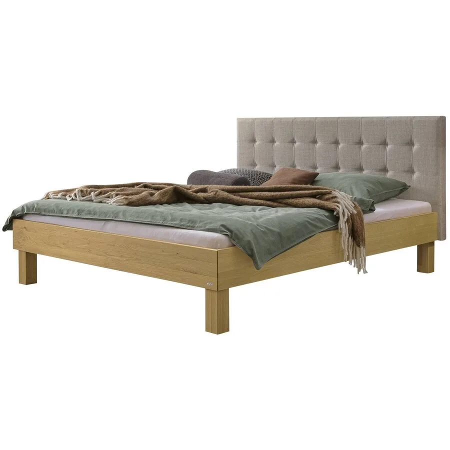 Hasena Bett Zoro Grau, Natur Eiche, Stoff Massivholz 160 x 200 cm