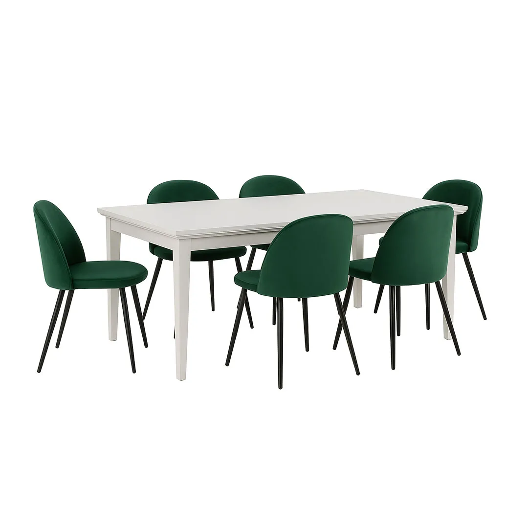 Venedig Essgruppe Tisch weiß 95x180/276 mit 2 Stk. Zusatzplatten 6 Stühlen Velour grün.