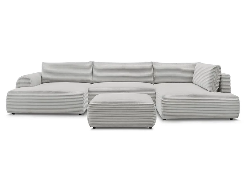 Panorama-Ecksofa mit Hocker BOBOCHIC LUCIEN Cord-Stoff hellgrau