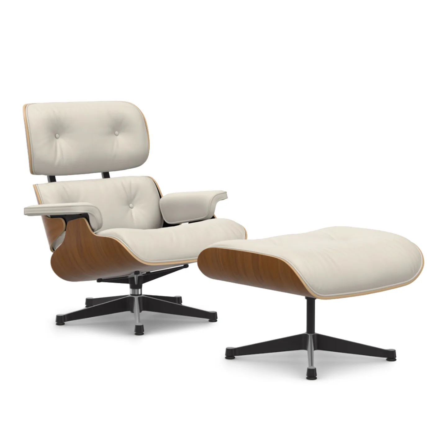 Vitra - Eames Lounge Set Natural Walnut Leather Premium Snow 72 Polished Aluminium/Deep Black - Fåtöljer - Charles & Ray Eames - Vit