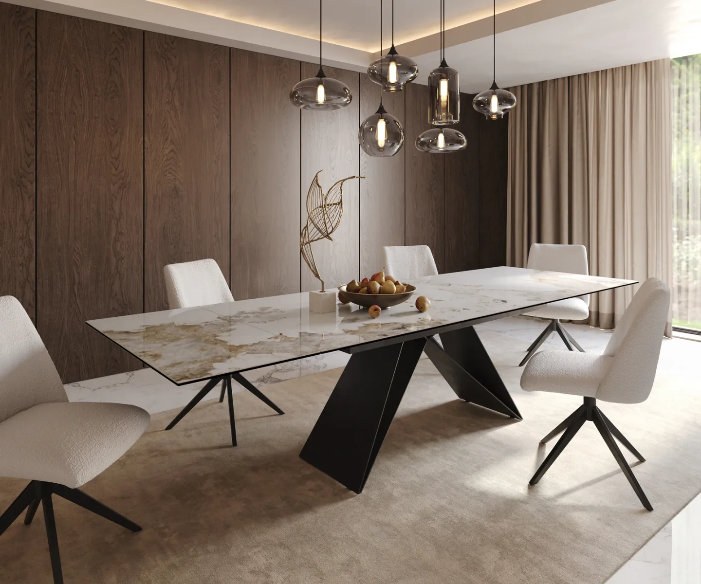 Esstisch Edge 200-300x100 Keramik Minas Melange Weiß-Beige V-Gestell Flachstahl Schwarz ausziehbar