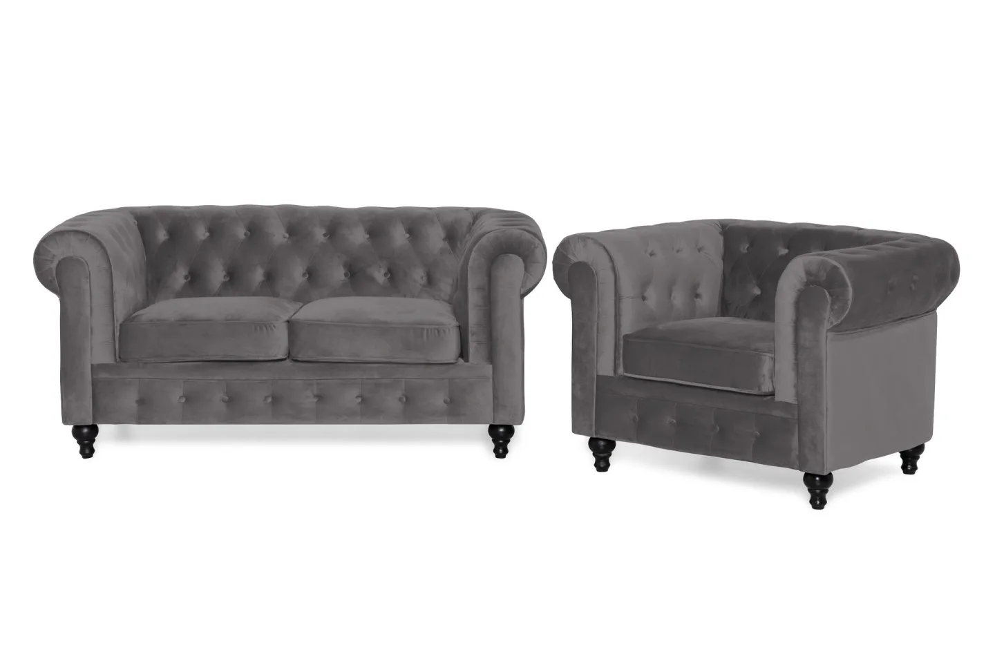 Chesterfield Lyx Soffgrupp 2-sits+Fåtölj Sammet - Mörkgrå