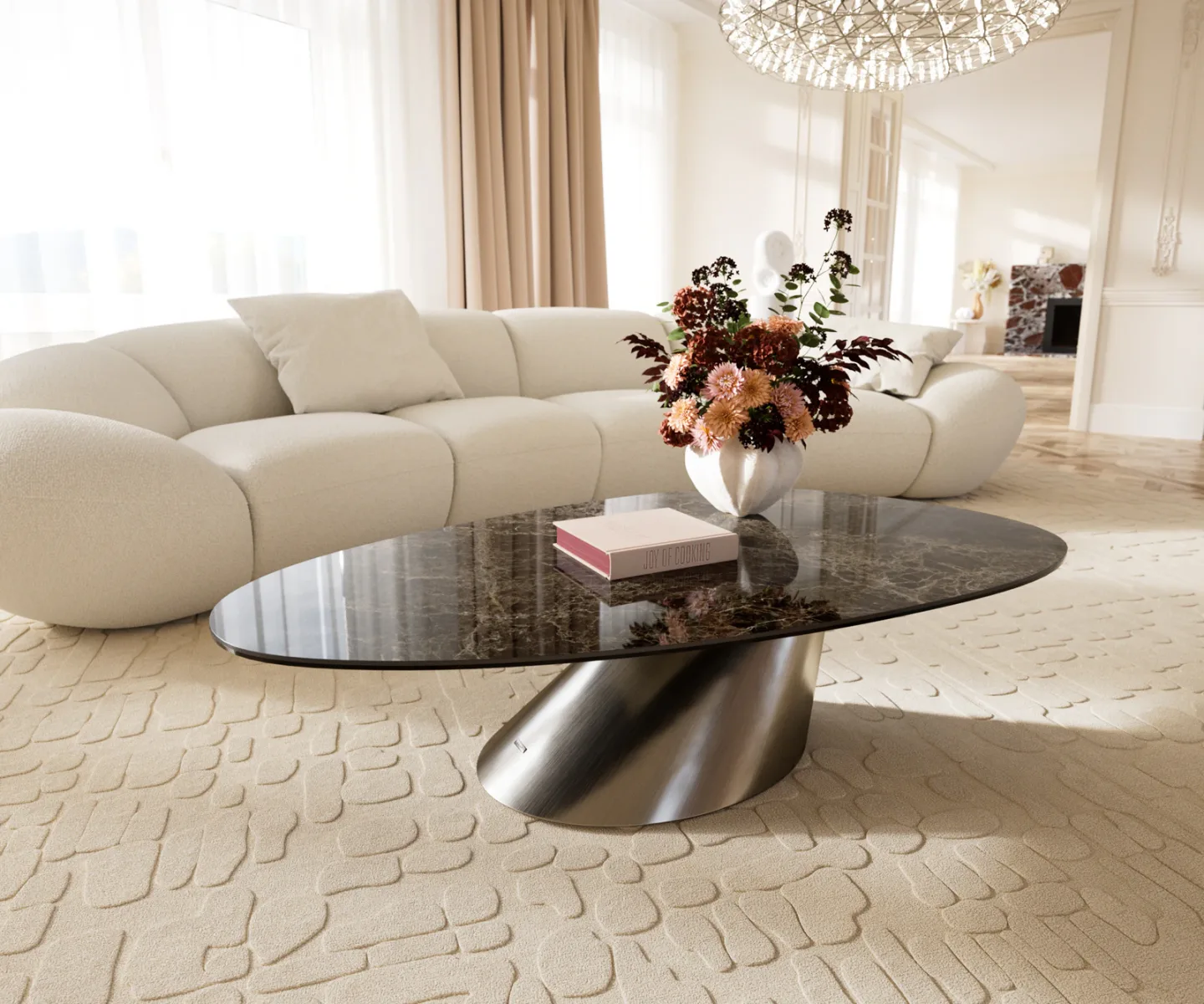 Couchtisch Edge Oval 140x75 cm Keramik Emperador Extra Lucidato Dunkelbraun Conis Edelstahl gebürstet