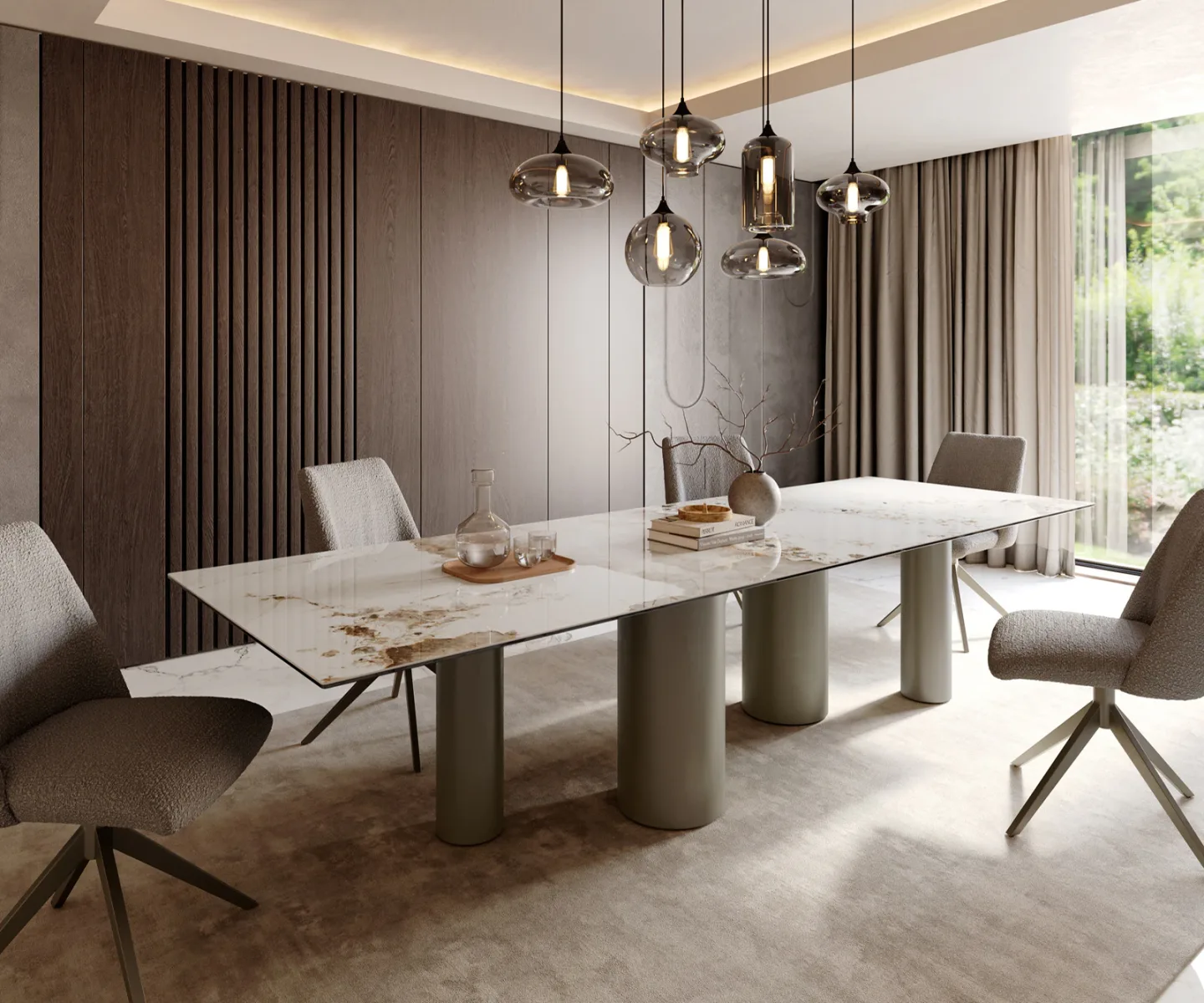 Esstisch Edge 300x100 Keramik Minas Melange Weiß-Beige Pilier Metall Effektfinish Titan