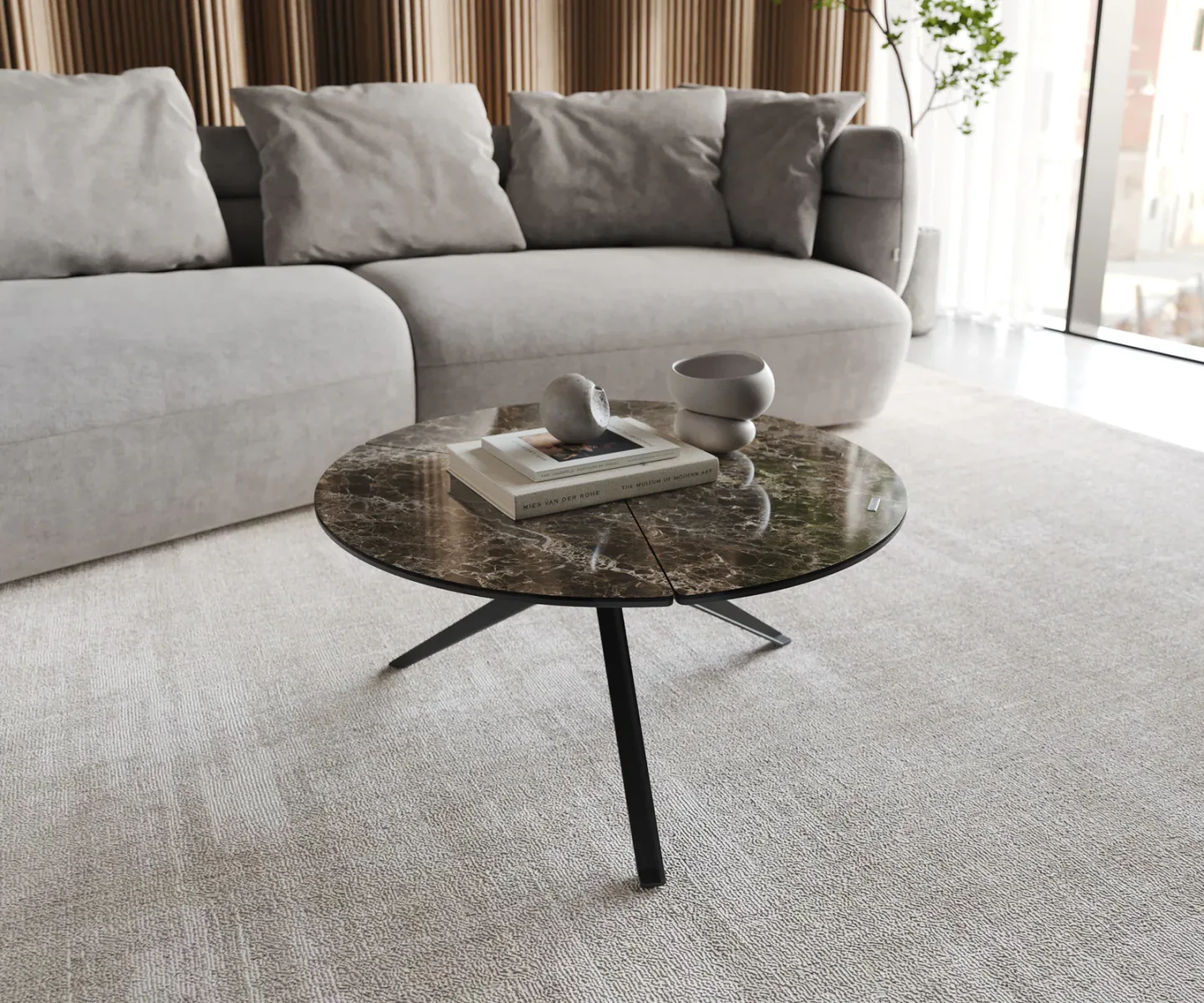 Couchtisch Delron 70x70 cm Keramik Emperador Extra Lucidato Dunkelbraun Kreuzfuß Flach Metall Schwarz