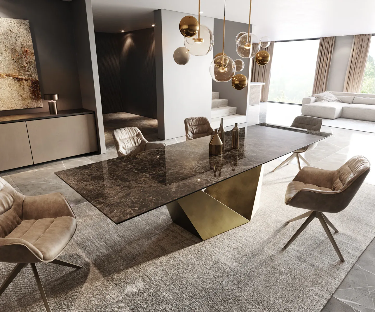 Esstisch Edge 300x100 Keramik Emperador Extra Lucidato Dunkelbraun Prisma Metallic Gold