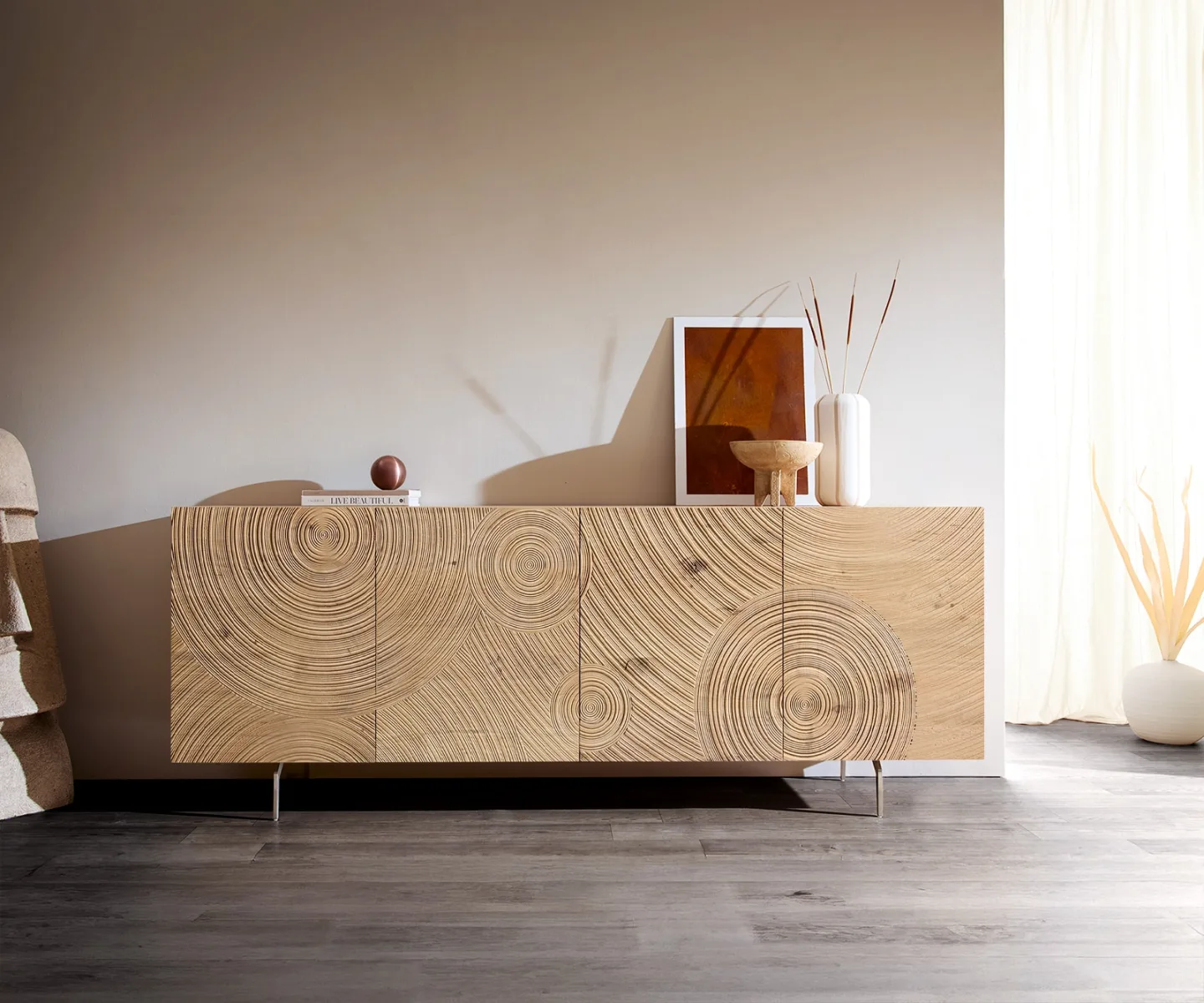 Sideboard Ashara 200 cm Eiche Natur 3D Effekt 4 Türen Winkelfuß Edelstahl gebürstet