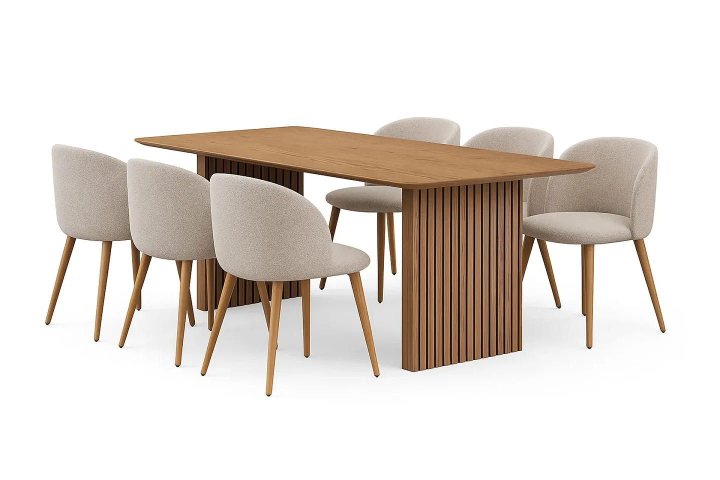 Richeto Matbord 210 cm med 6 Greya Matstolar med armstöd - Naturlig finish / Greige Bouclé / Metallben Ek