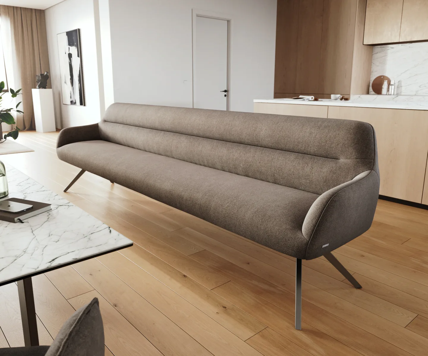 Esszimmerbank Taya-Flex 300 cm Strukturstoff Soft Taupe Kreuzgestell kantig Graphit Taschenfederkern