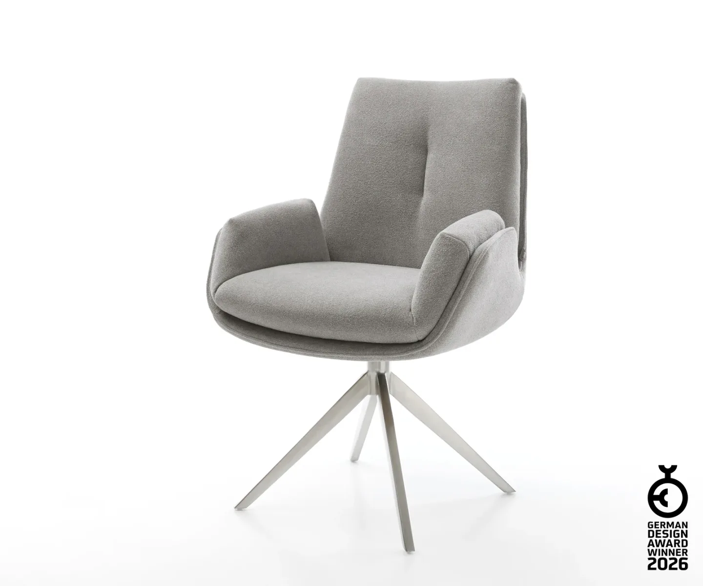 Drehstuhl Clea-Flex Strukturstoff Soft Grau Kreuzgestell breit Edelstahl 360° drehbar Wippfunktion