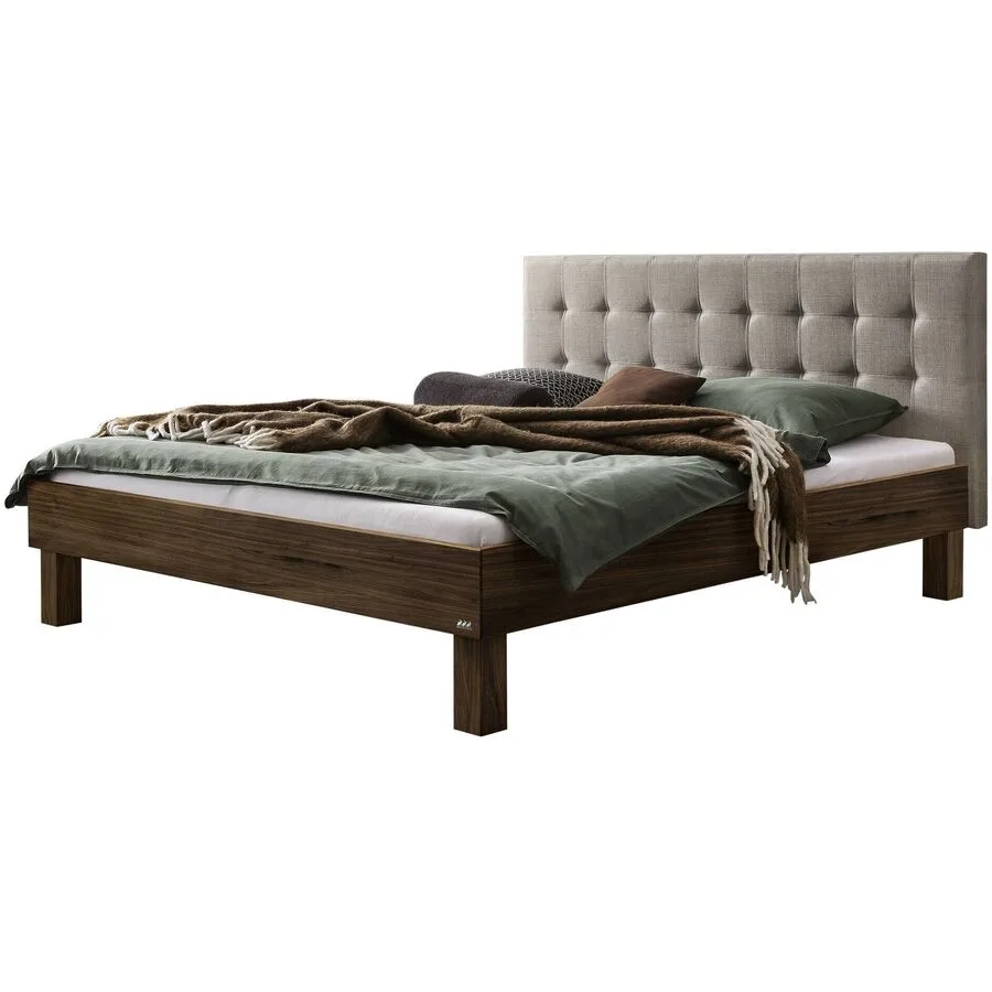 Hasena Bett Zoro Grau, Natur Nussbaum, Stoff Massivholz 180 x 200 cm