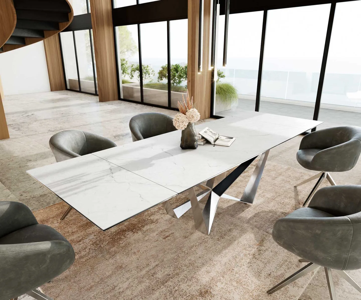 Esstisch Edge 200-300x100 Keramik Laminam®Statuarietto Weiß Spider Flachstahl Edelstahl ausziehbar