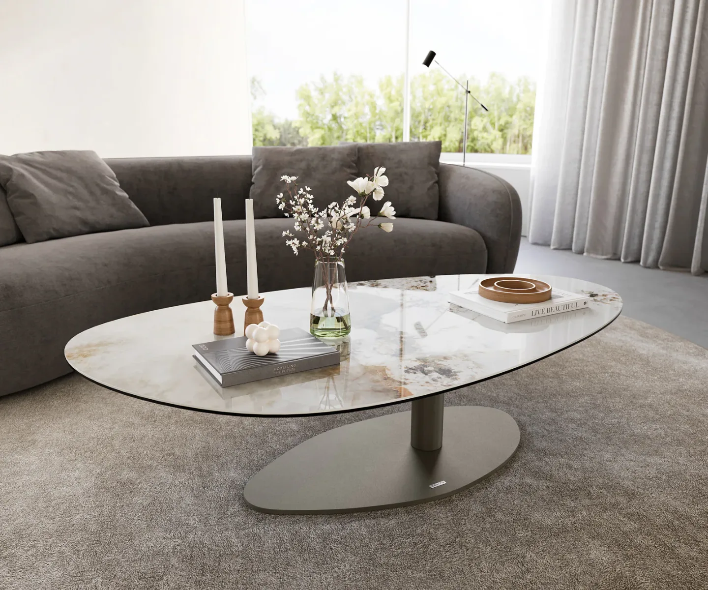 Couchtisch Edge Oval 140x75 cm Keramik Minas Melange Vibany Metall Effektfinish Titan