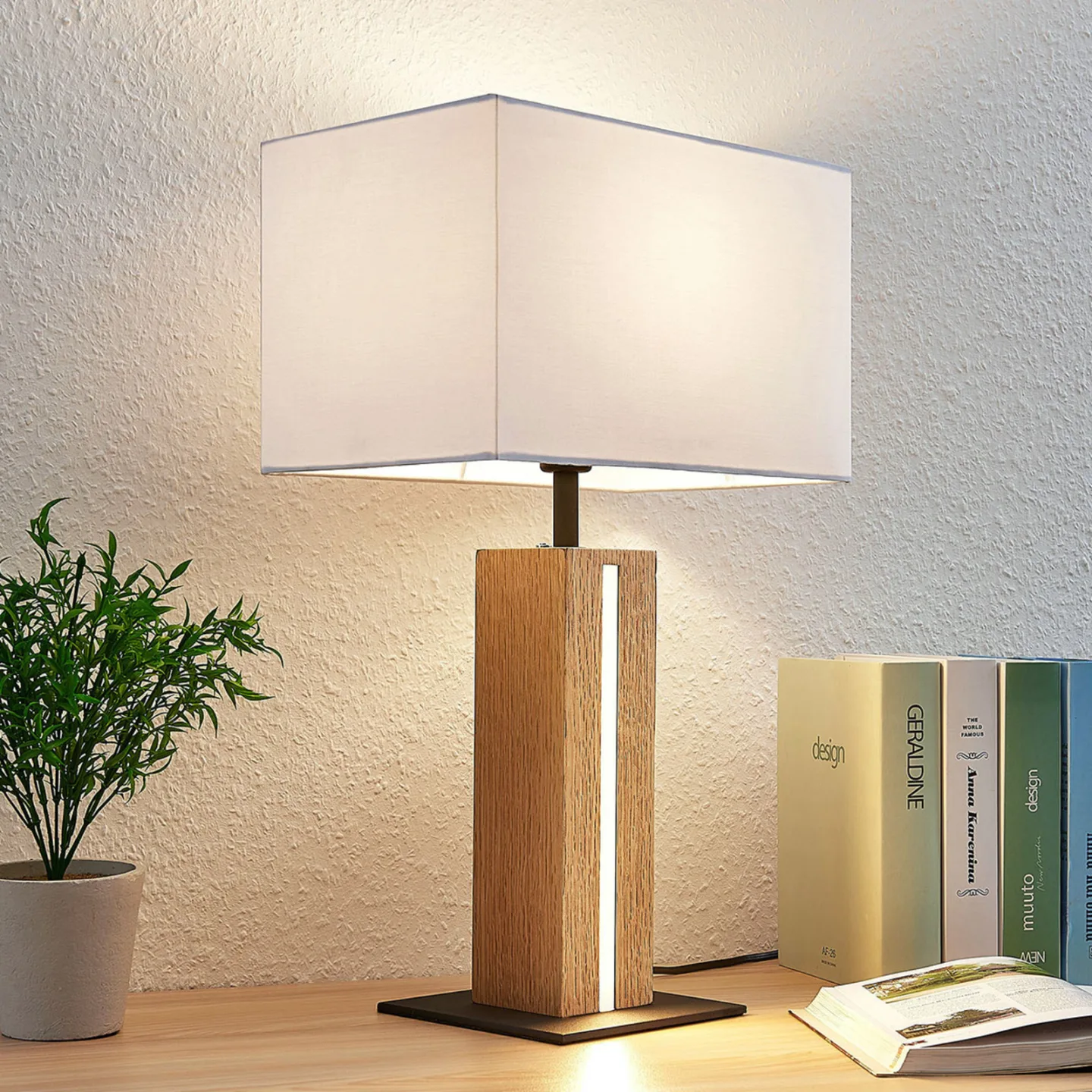 Garry Square Tischleuchte White/Wood - Lindby - Wohnzimmer - Modern - Stoff / Textil - Mit Schirm