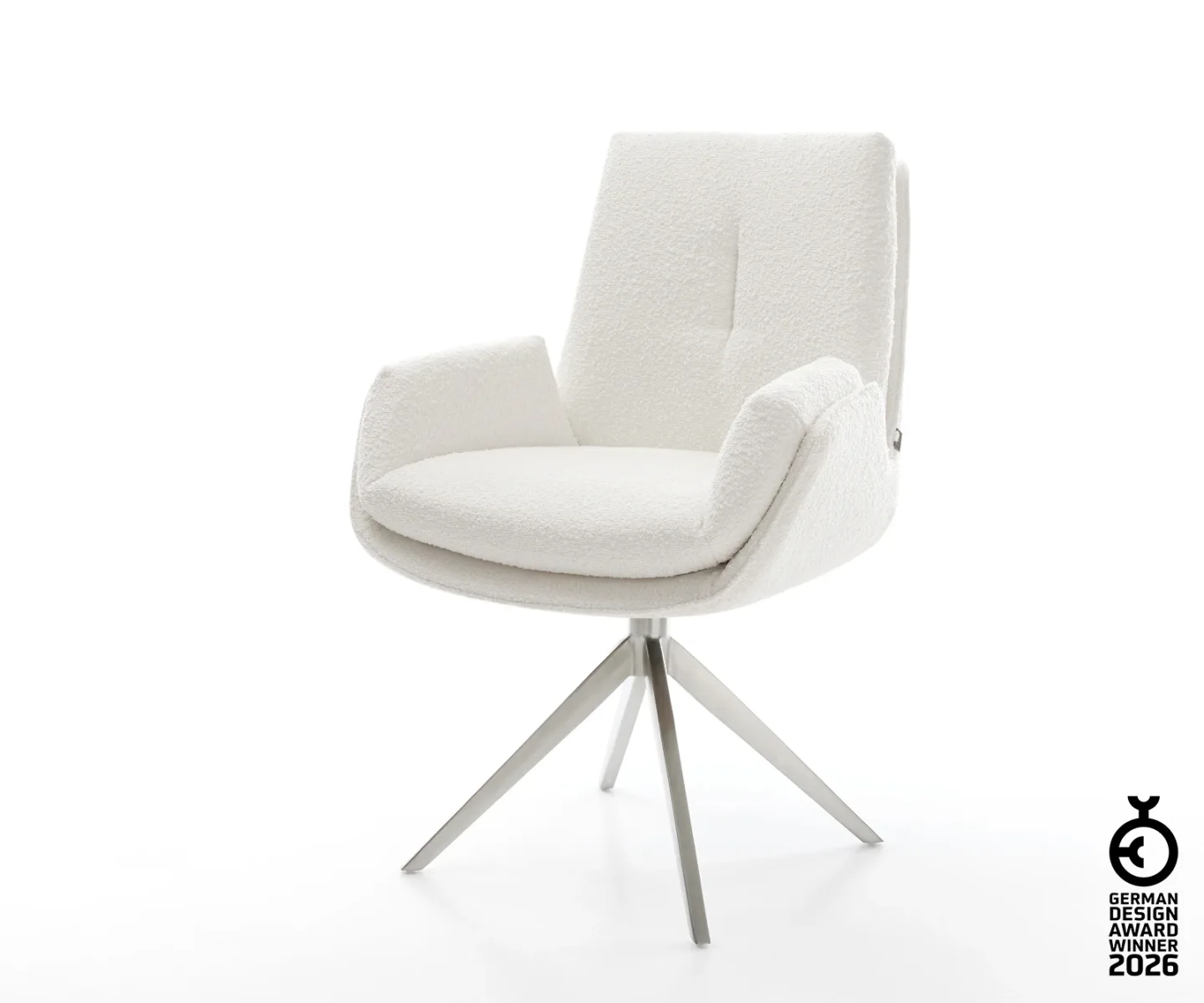 Drehstuhl Clea-Flex Bouclé Creme-Weiß Kreuzgestell breit Edelstahl 360° drehbar Wippfunktion