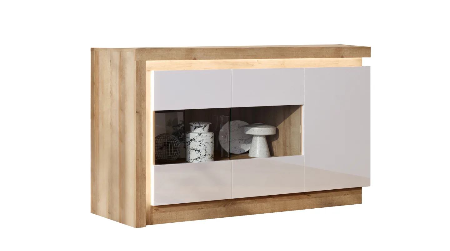 Sideboard mit Glastüren weiß Hochglanz - Eiche 158 cm - LYON