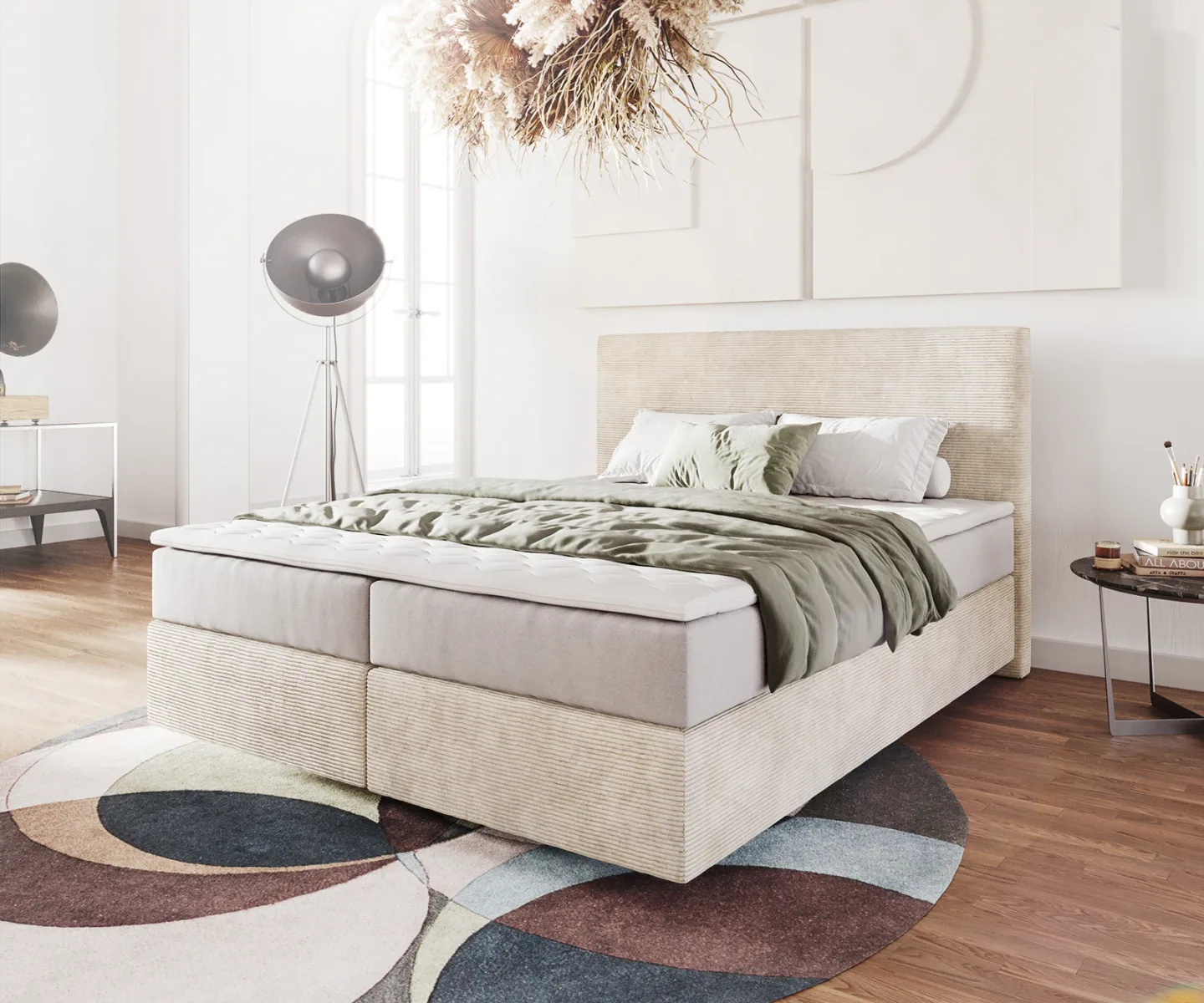 Boxspringbett Dream-Well 160x200 cm Cord Beige mit Taschenfederkernmatratze und Topper Visco