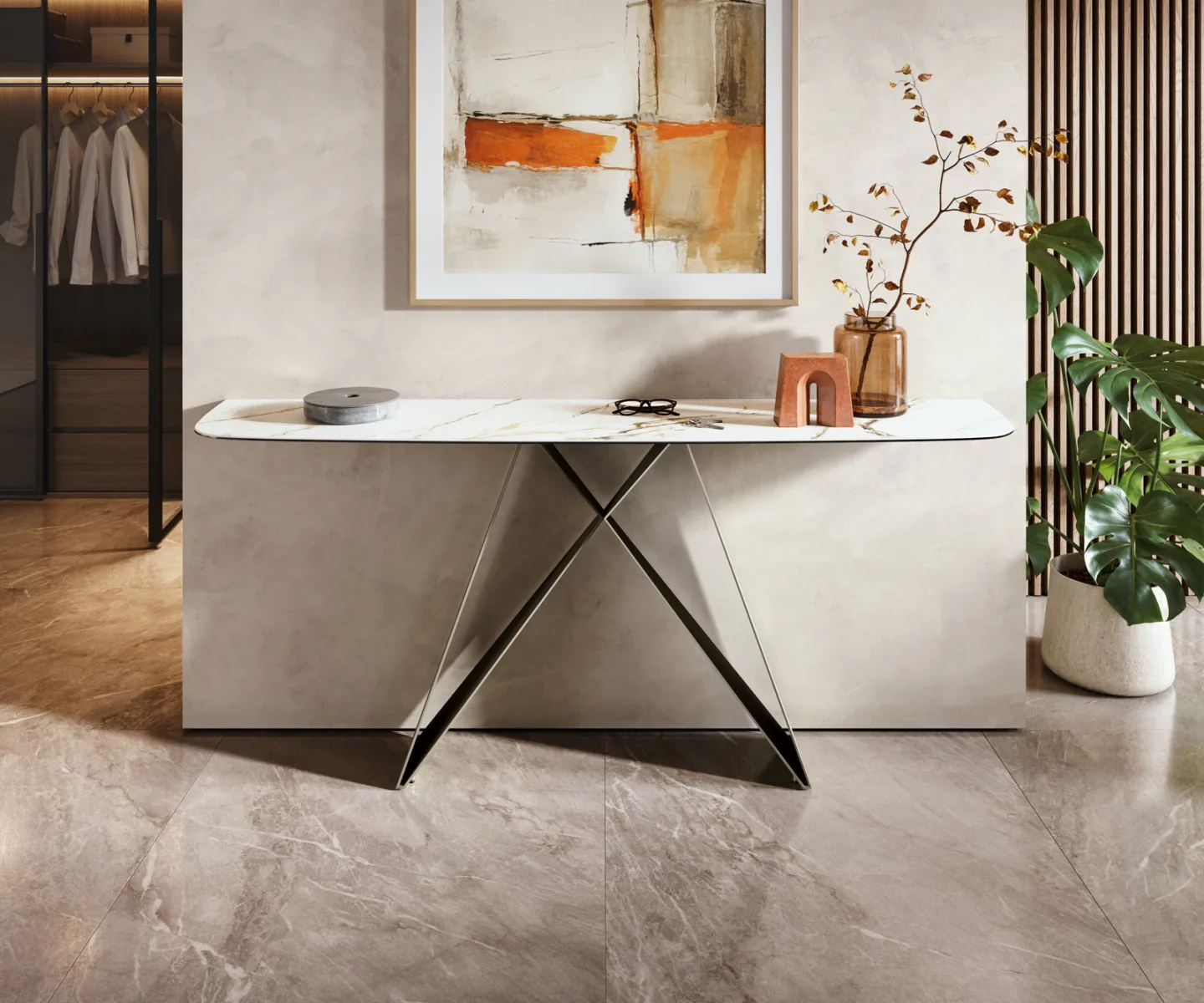 Konsolentisch Edge Boot 180x40 cm Keramik Calacatta Luxe Weiß-Gold-Grau Velio Metall Effektfinish Titan