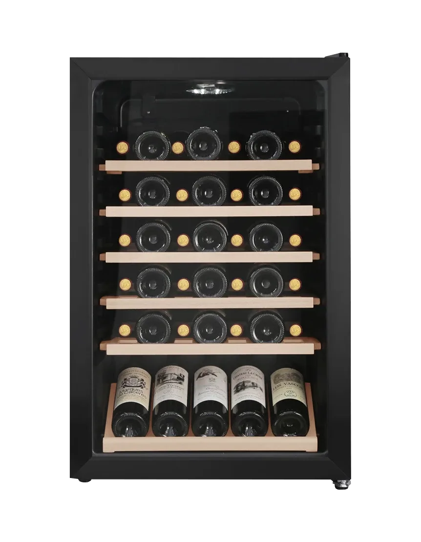 Weinkühlschrank freistehender schwarz, Cavin Polar Collection 49, eine Temperaturzone, 45 Flaschen, ausziehbare Regale, Holzregale, B: 54 x H: 84,5 x T: 54,8 cm