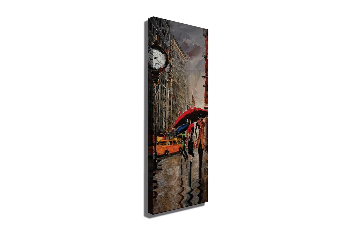 Canvastavla 30x80 cm - Livlig stadsscen med människor som går under paraplyer i regnet - Röd / Gul / Grå