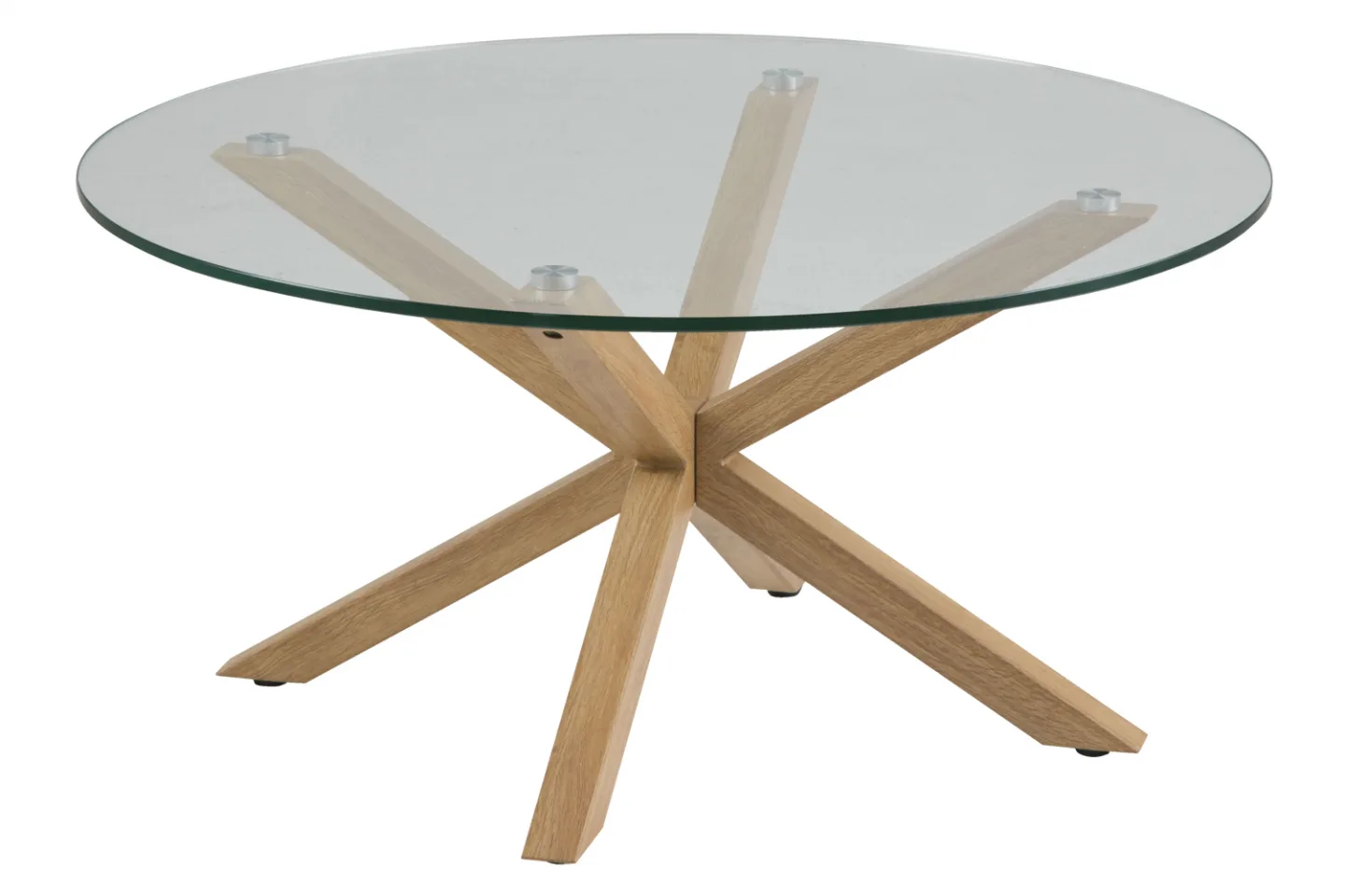 Heat Couchtisch Ø82 cm Tischplatte aus Glas und einem Metallgestell mit Eiche Folie.