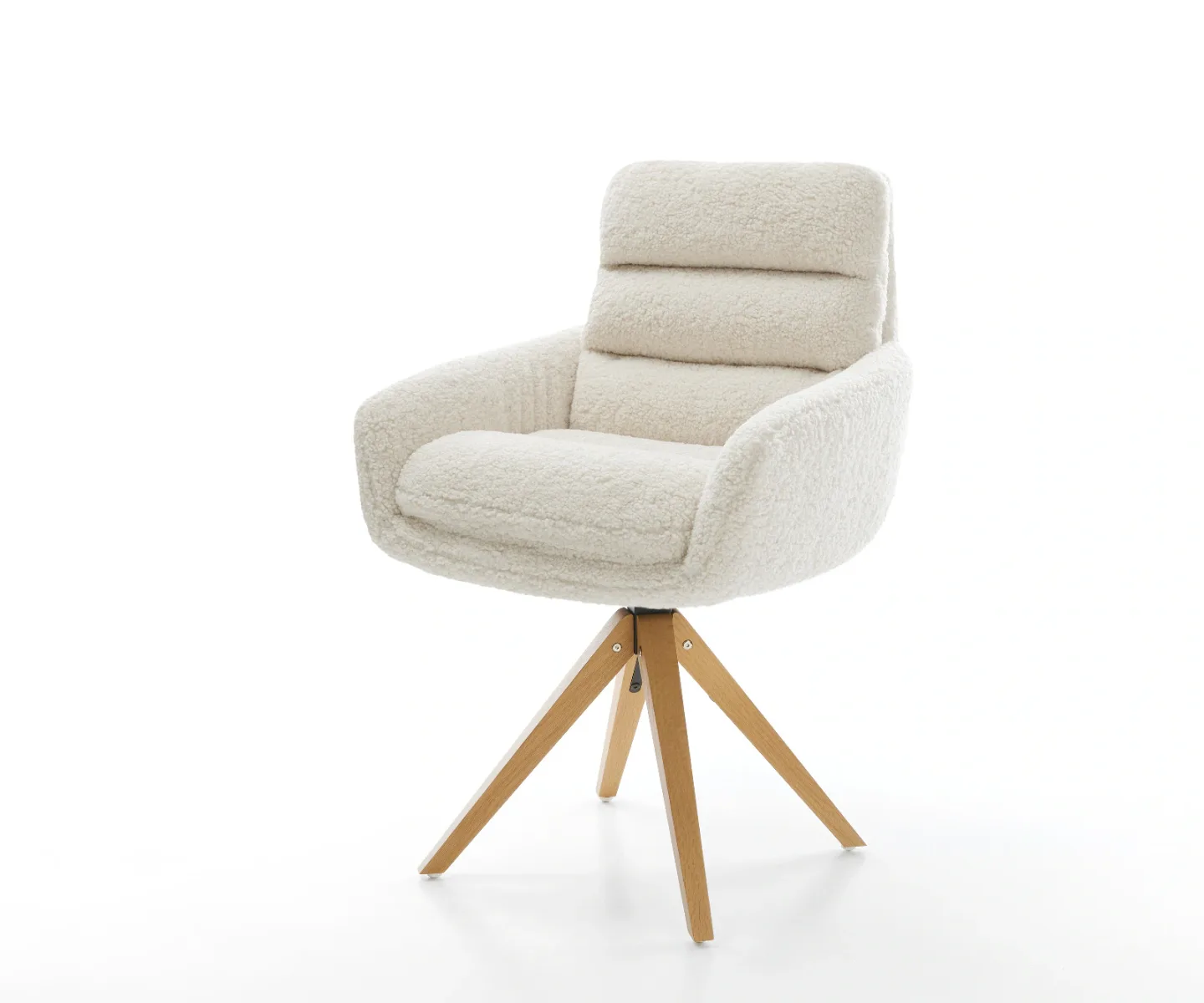 Drehstuhl Abelia-Flex mit Armlehnen Teddystoff Beige Holzgestell kantig Natur 360° drehbar