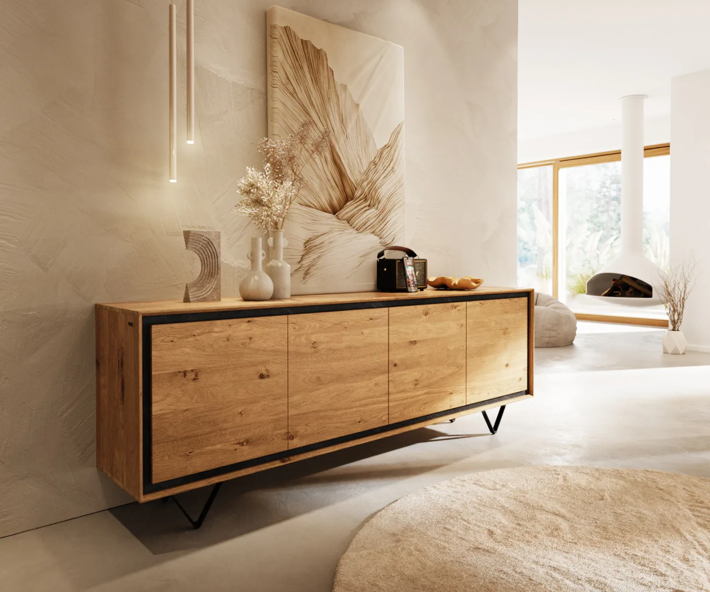 Sideboard Stonegrace 200 cm Eiche Natur 4 Türen Steinfurnier V-Fuß Metall Schwarz