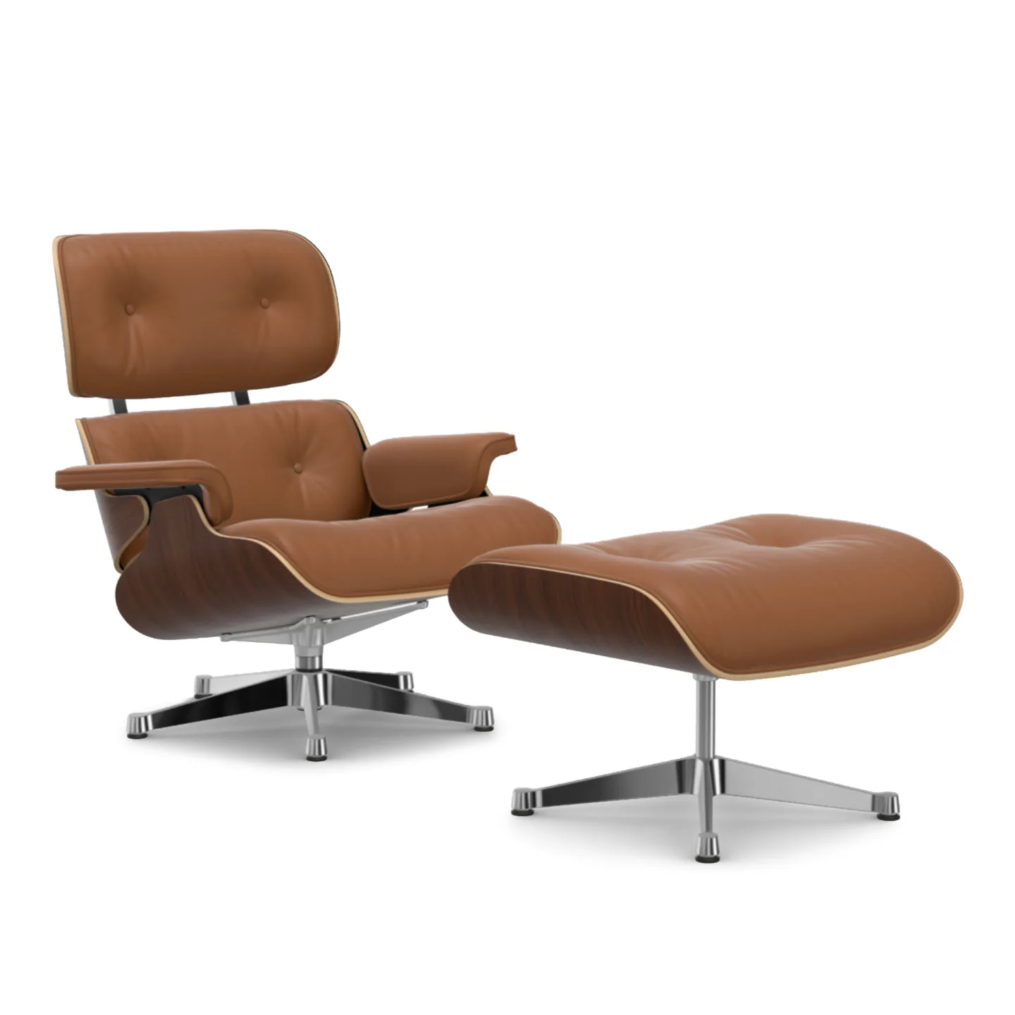 Vitra - Eames Lounge Set Dark Walnut Leather Premium Cognac 97 Polished Aluminium - Fåtöljer - Charles & Ray Eames - Brun