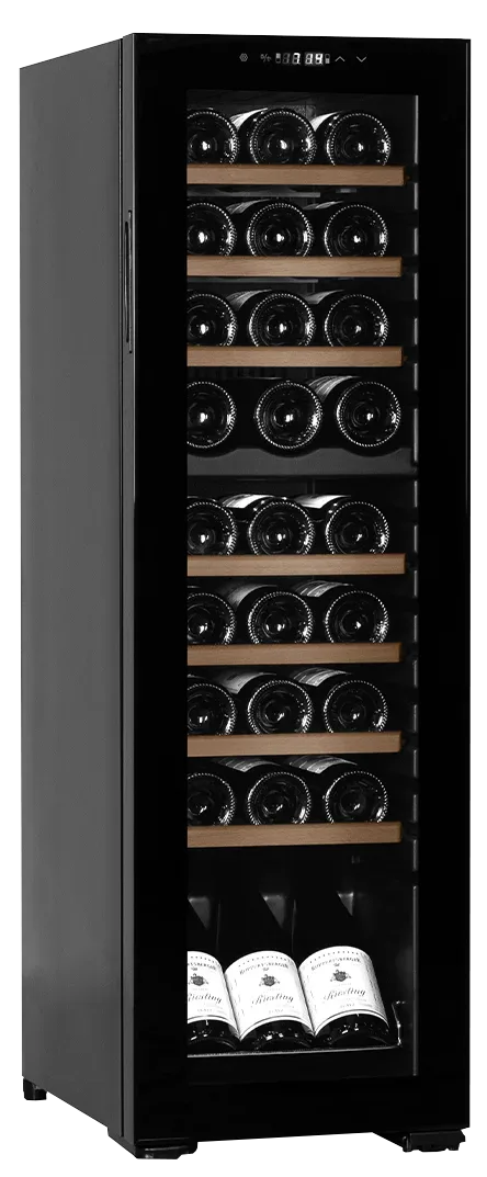 Weinkühlschrank freistehender schwarz, Cavin Northern Collection 27, zwei Temperaturzonen, 27 Flaschen, leiser Weinkühlschrank, ausziehbare Regale, B:34,5 x H:110,5 x T:48cm