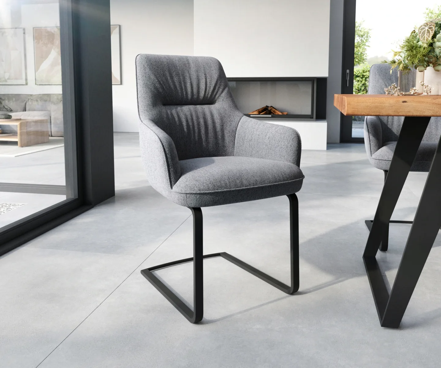 Freischwinger Zelia-Flex mit Armlehnen Strukturstoff Hellgrau Freischwinger flach Schwarz Taschenfederkern