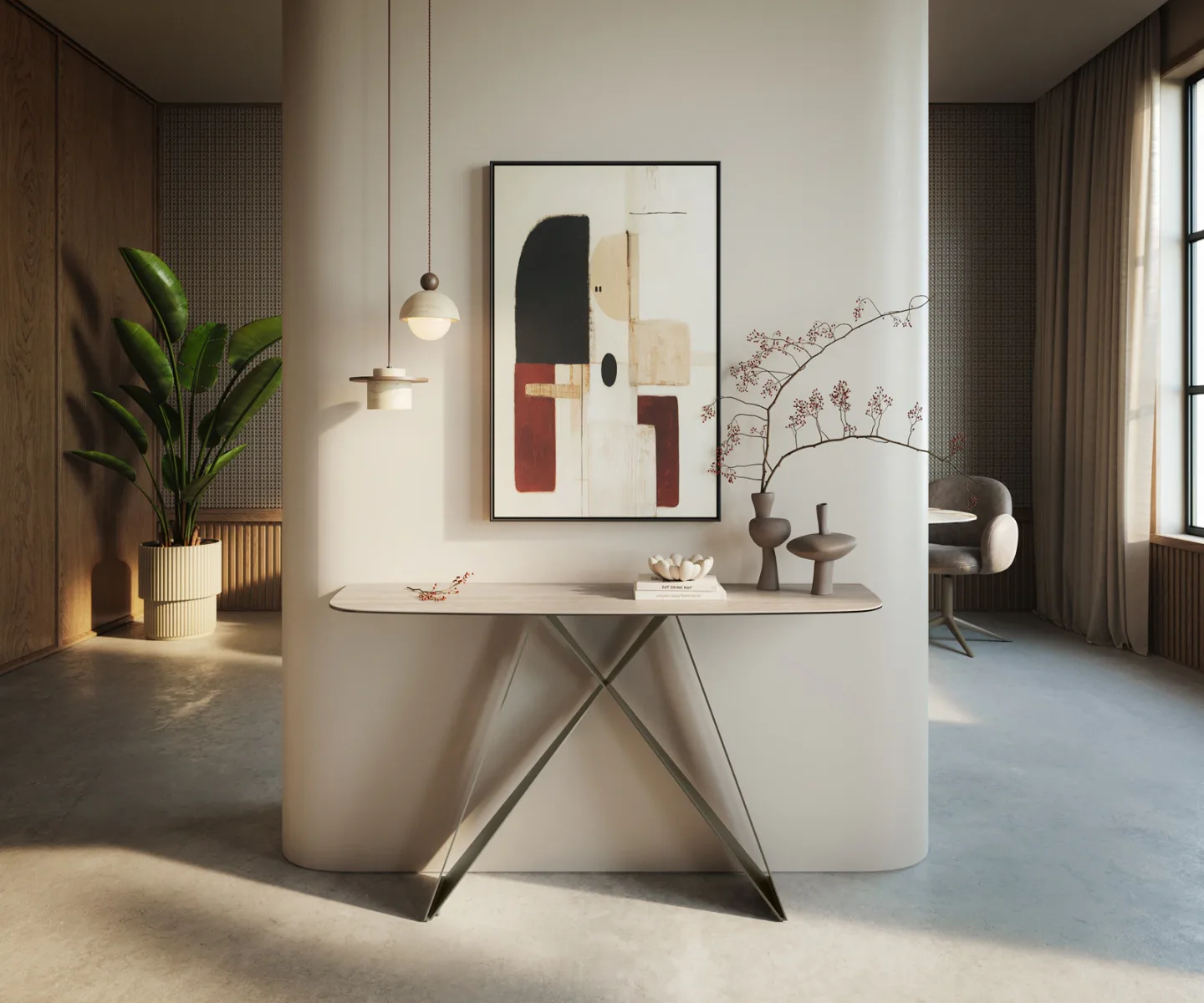 Konsolentisch Edge Boot 140x40 cm Keramik Laminam® Travertino Bianco Creme-Weiß Velio Metall Effektfinish Titan