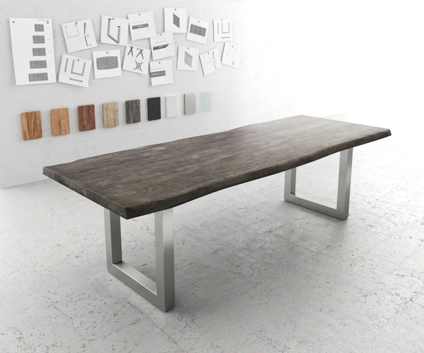 Esstisch Edge 260x100 XL Akazie Platin Edelstahl Breit Live-Edge