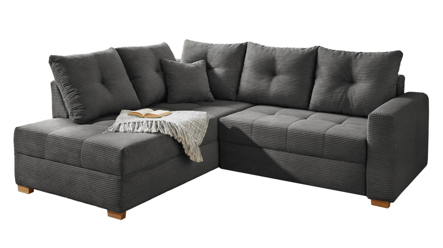 Ecksofa Cord 228 cm grau - Schlaffunktion Bettkasten - HEIDELBERG