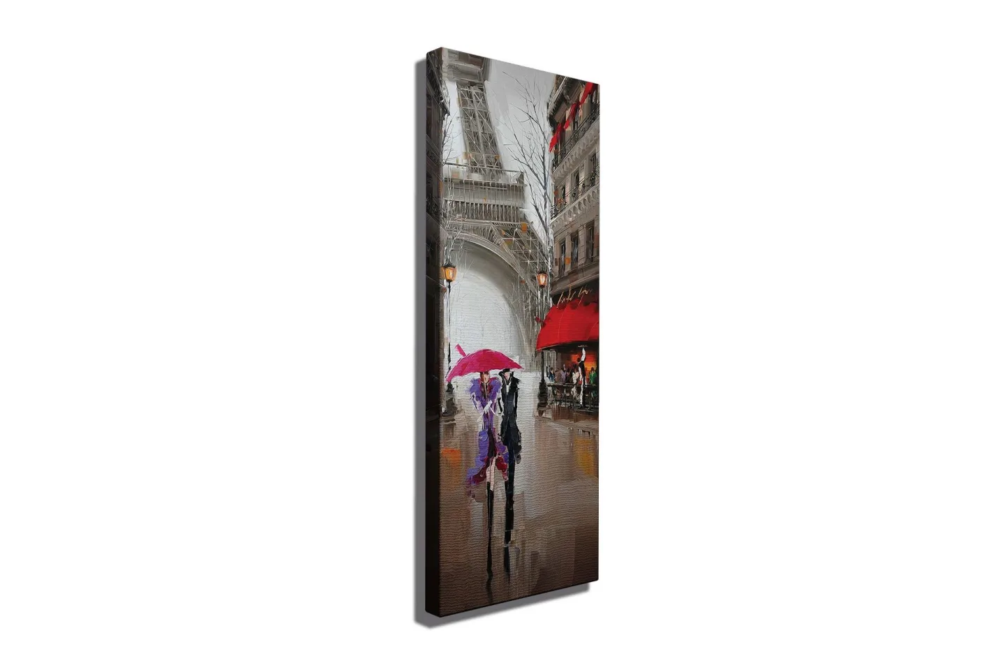 Canvastavla 30x80 cm - Pariserbilar under regn med färgglada paraplyer - Röd / Lila / Grå