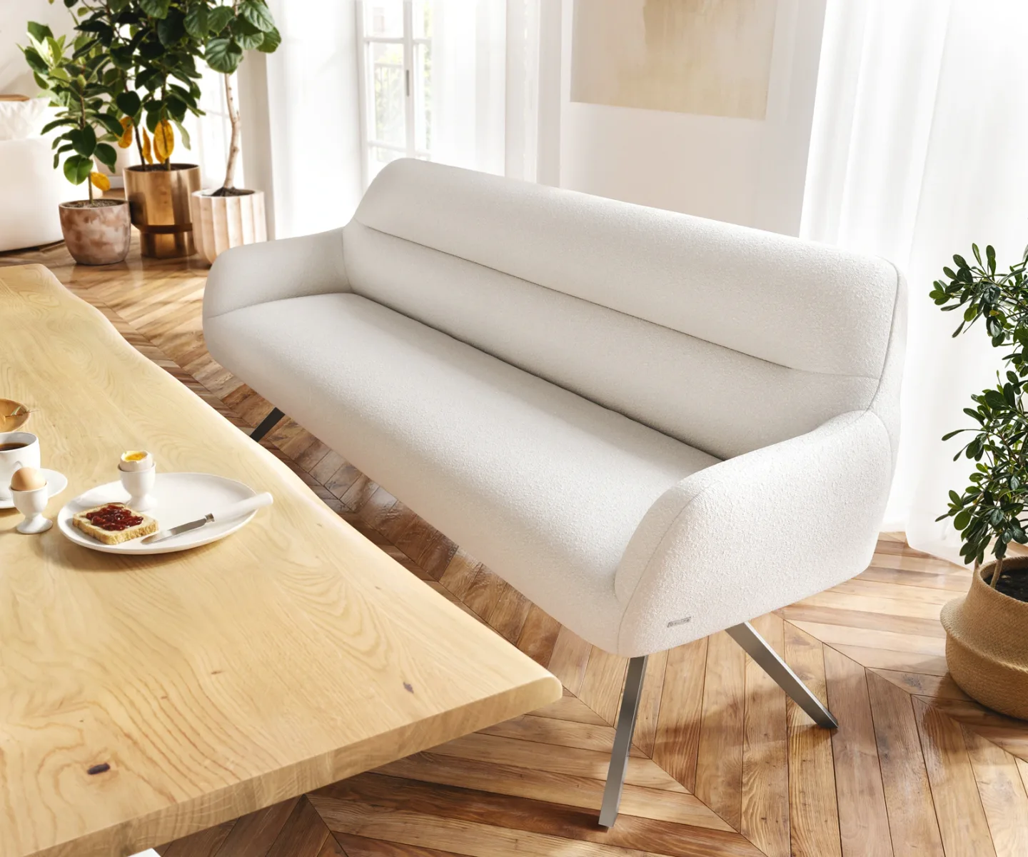 Esszimmerbank Taya-Flex 200 cm Bouclé Creme-Weiß Kreuzgestell kantig Graphit Taschenfederkern