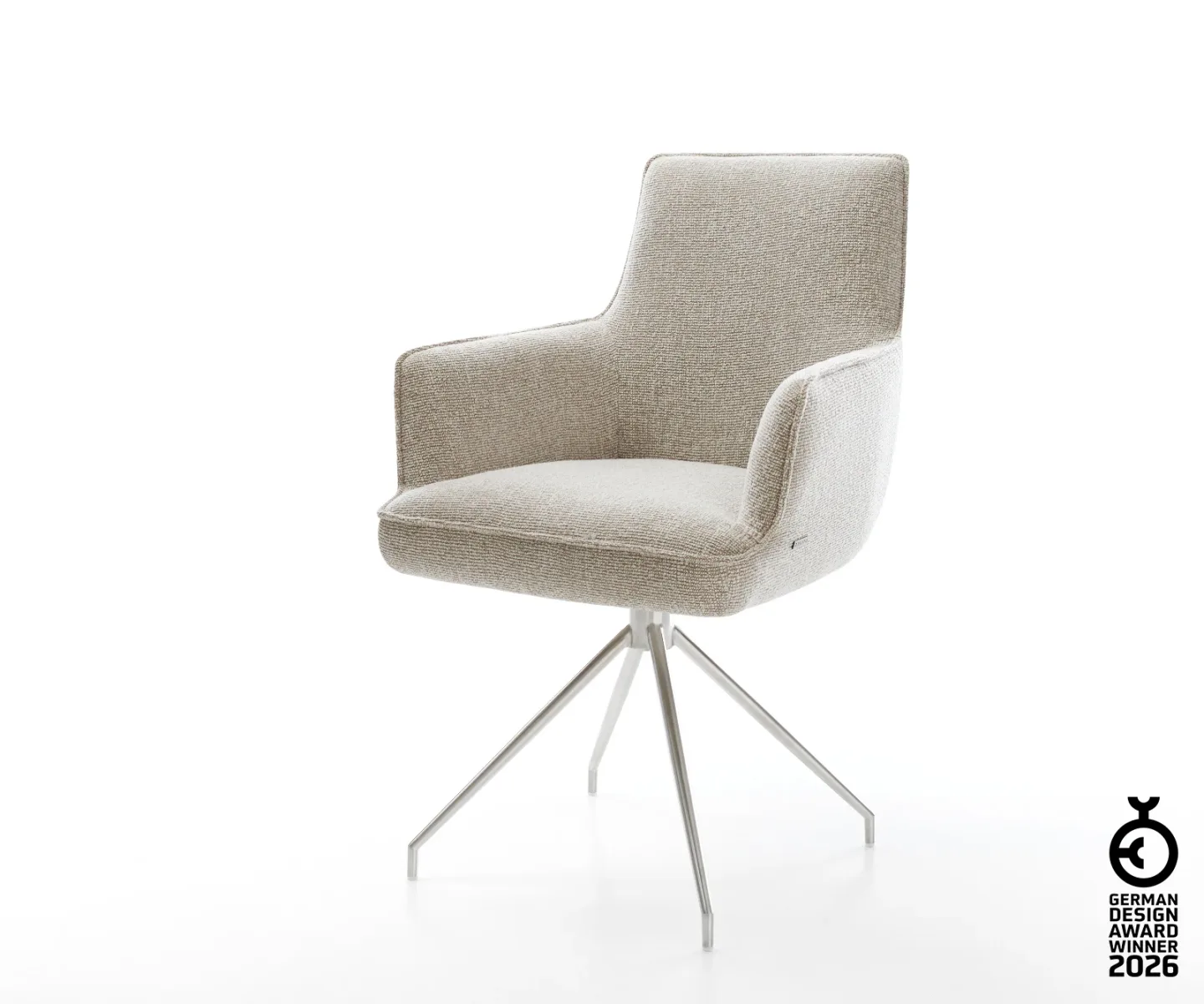 Esszimmerstuhl Heira-Flex mit Armlehnen Webstoff Soft Beige Kreuzgestell konisch Edelstahl Taschenfederkern