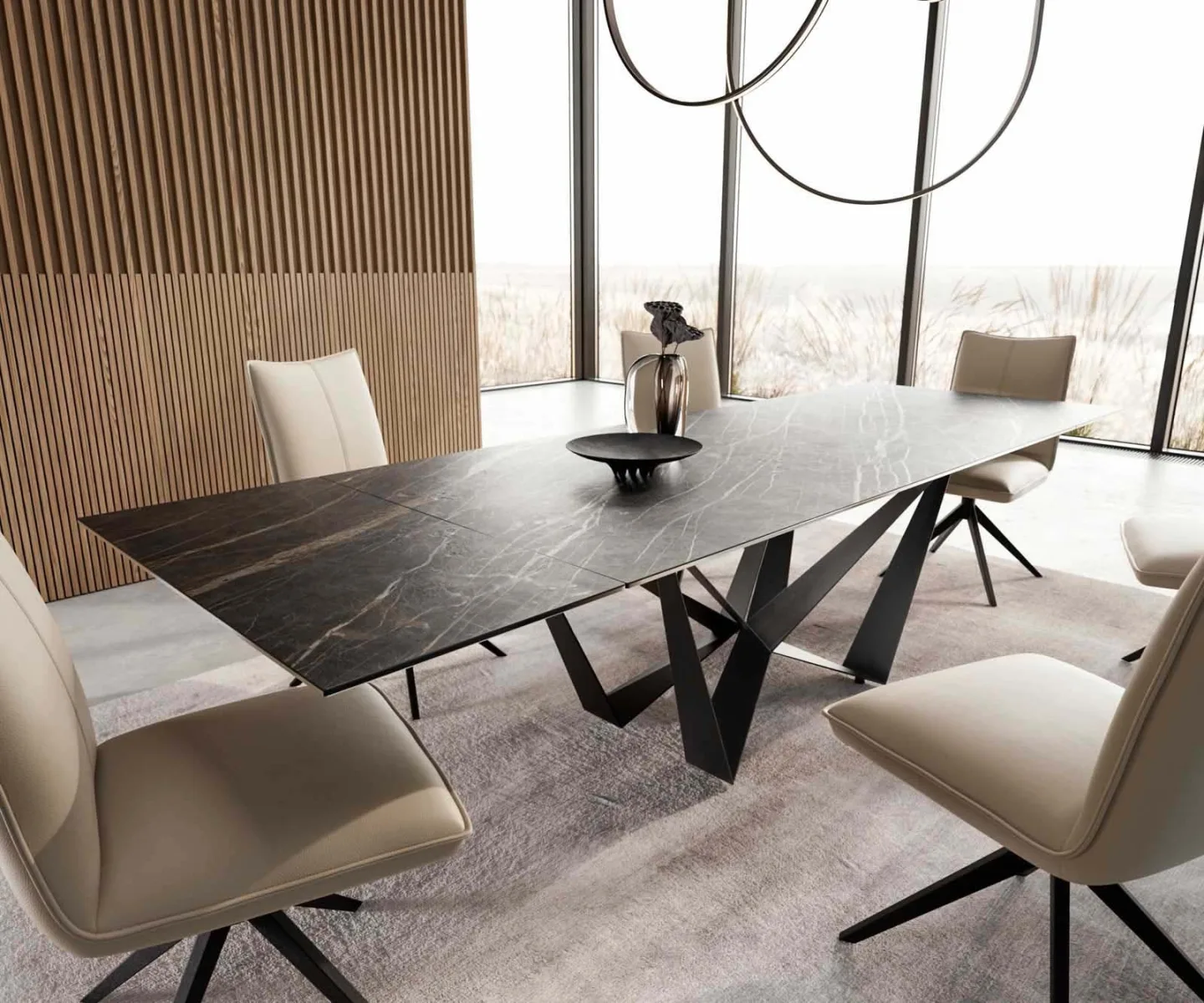 Esstisch Edge 200-300x100 Keramik Laminam®Noir Desir Braun Spider Flachstahl Schwarz ausziehbar
